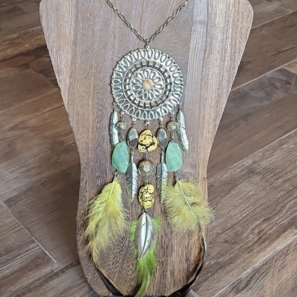 Gold Tone Dreamcatcher Inspired Pendant Statement Necklace - Picture 5 of 12